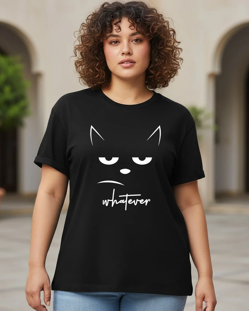 بيواكوف تيشيرت بوي فريند بطبعة قطة للنساء مقاس كبير أسود